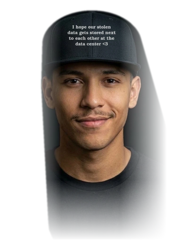 Flat Bill Snapback Hat — "I Hope Our Stolen Data Gets Stored Next to Each Other"
